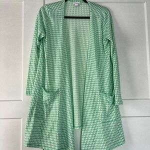EUC Luluroe Green & White‎ Patterned Open Front Cardigan: Size Medium